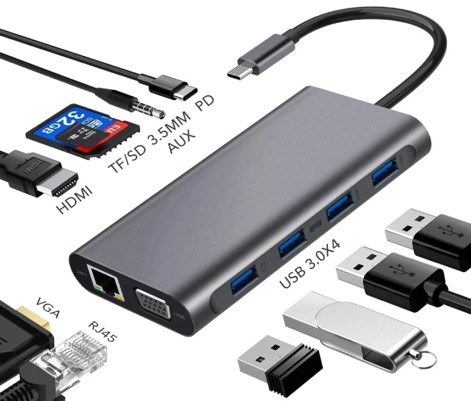 Hub Type C cho Macbook 11in1 sang HDMI 4k/ VGA/ USB/ LAN/ SD/TF Card – Celljoy